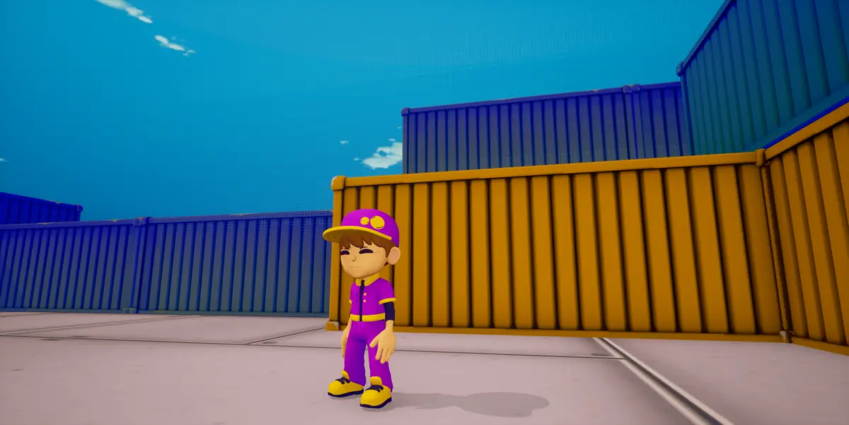 The runner: a kid in a purple cap and purple-and-yellow outfit in front of a yellow container