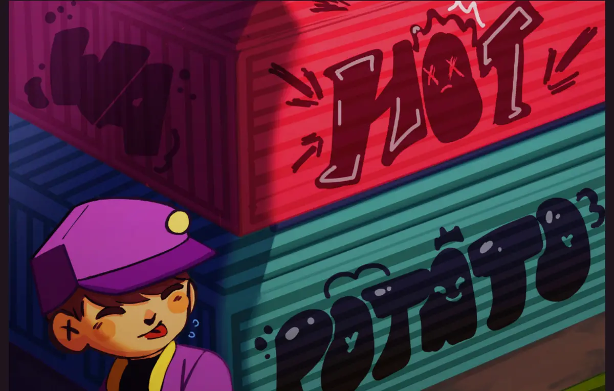 Key art: the runner in a purple cap leans away from a glowing potato character in front of containers tagged HOT POTATO