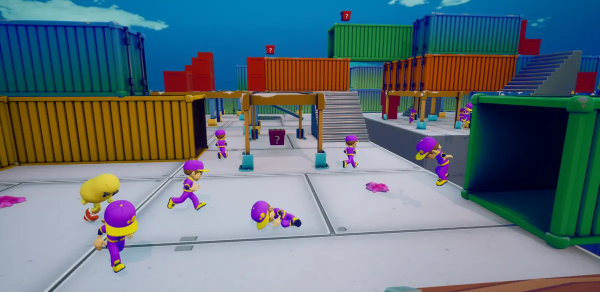 A full match in the container yard: eight runners scatter while the potato closes in