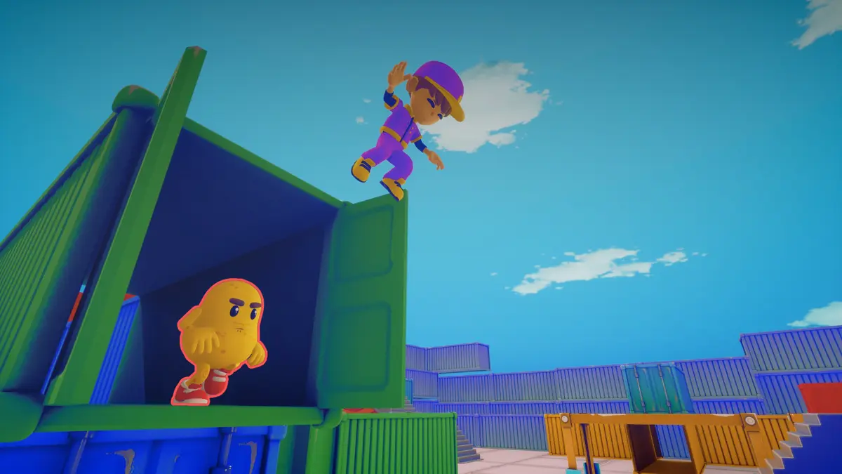 The runner jumps off a green container while the potato character hides inside it