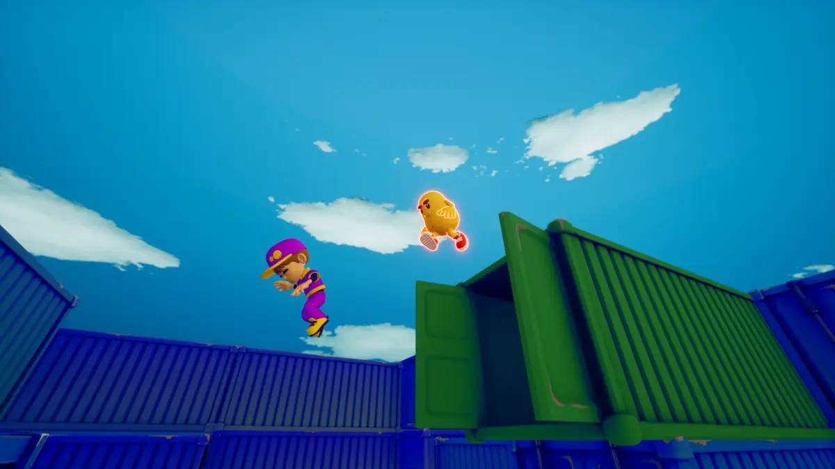 The runner and the glowing potato leap between blue and green containers