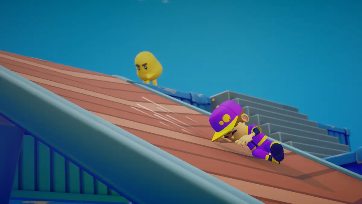 The potato chases the runner down a red container roof