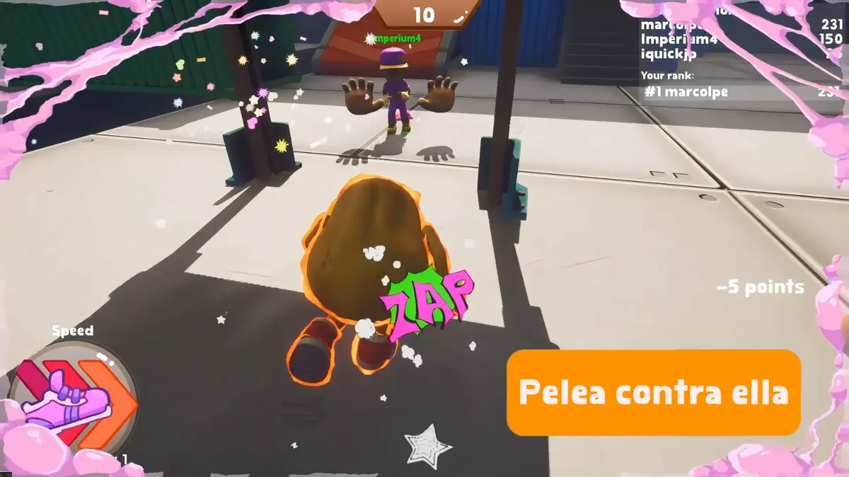 In-game HUD with the score list and 'Your rank: #1' while the potato takes a ZAP hit